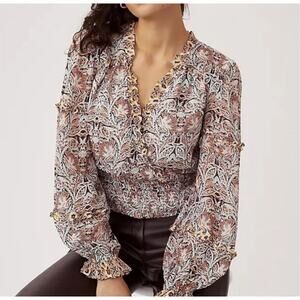 NEW Anthropologie Faux Wrap Blouse Ruffle Trim Smocked Waist Medium Boho NWT